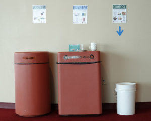 One of many trash bin setups at Monona Terrace with custom zero waste signage. 