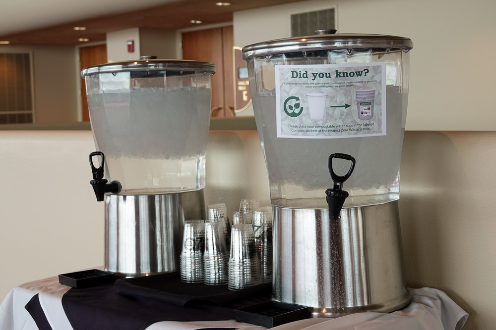 Water station with zero waste signage. 