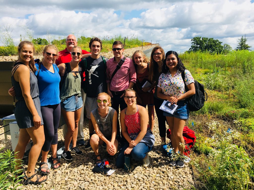 The OS interns, along with Gary Brown, on the Dejope Residence Hall Green Roof.