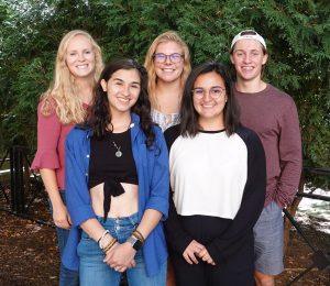 Office of Sustainability Green Labs intern team, 2019-2020. From left to right: Meg DiPoto, Norma Behrend-Martinez, Marina Steiner, Sanauz Alaei, Riley Collins. Photo by Ally Burg. 