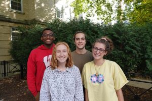The 2019-2020 Green Greeks team at the Office of Sustainability (L-R): Jeremy Sanford, Natalie Brunner, Jackson Webster, Jacqueline Olson. Photo by Ally Burg.
