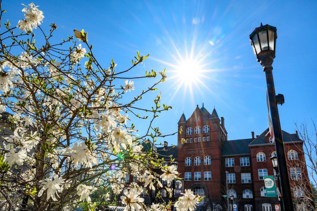 Science Hall is pictured with blooming spring flowers in the late afternoon sun at the University of Wisconsin-Madison on April 24, 2019.