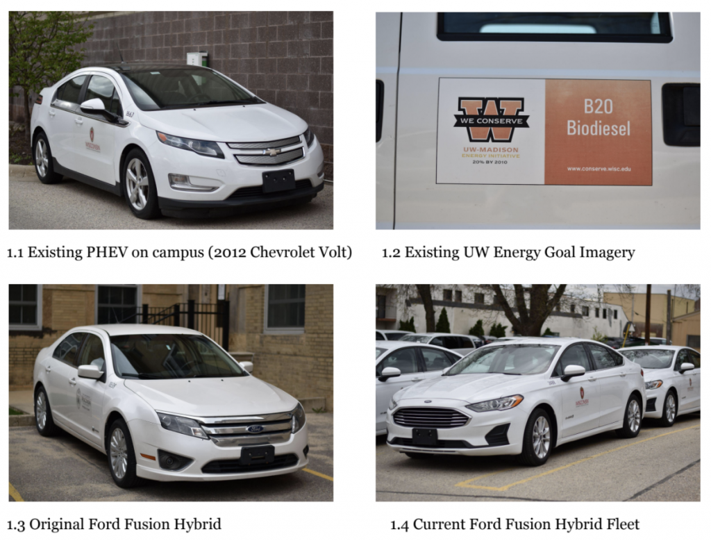 Four white cars in the UW-Madison fleet