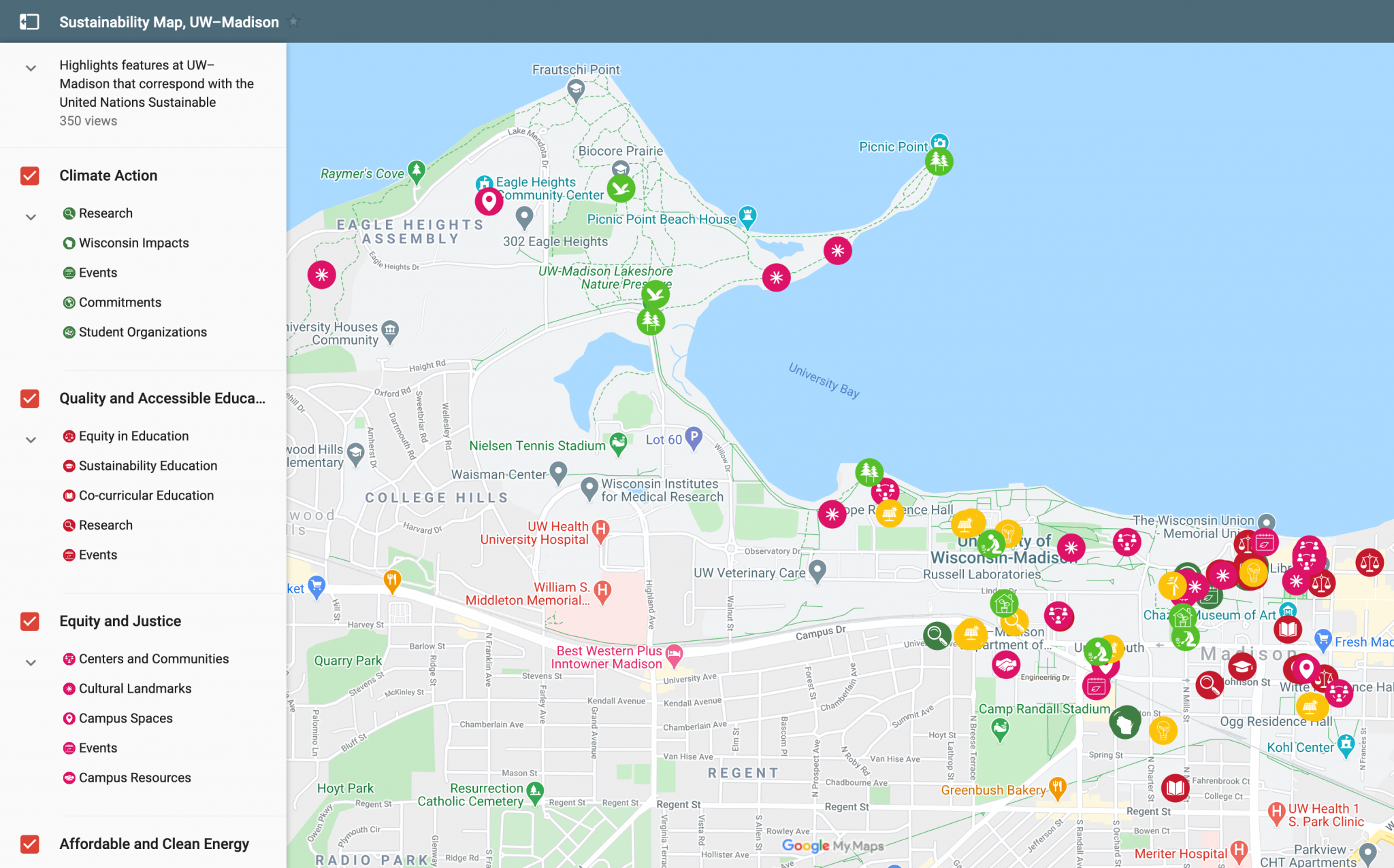 Screenshot of a digital map showing the UW–Madison campus and Picnic Point