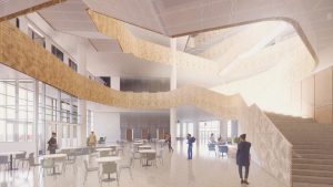 Rendering of a large atrium space in the CDIS building.