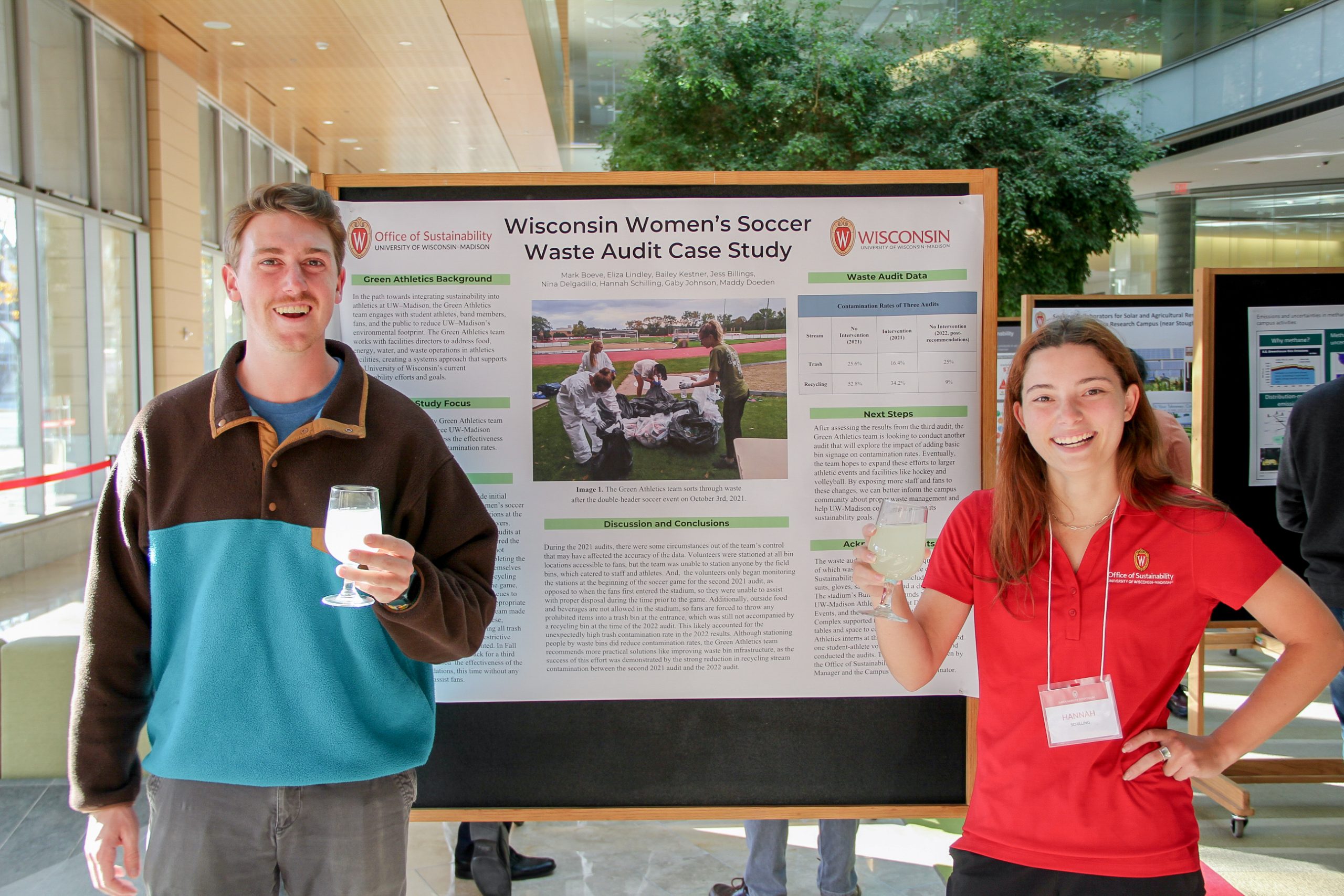 two students stand in front of a poster board entitled "Wisconsin Women's Soccer Waste Audit Case Study"