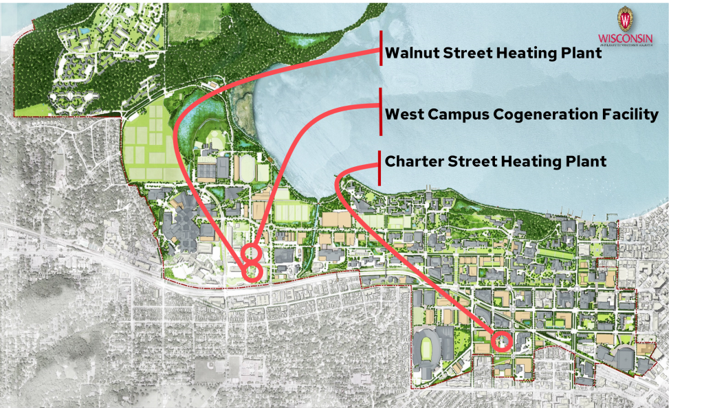 Map showing campus outlines along Lake Mendota with three power plants identified with red lines. 