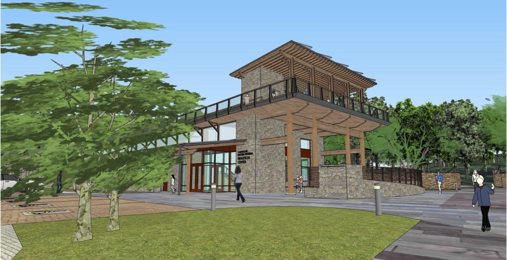 Graphic rendering of the Lakeshore Nature Preserve Frautschi Center building. 
