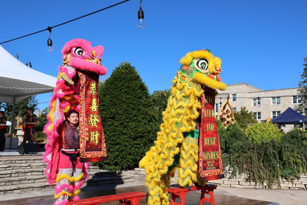 Traditional Chinese lion dancers stand up