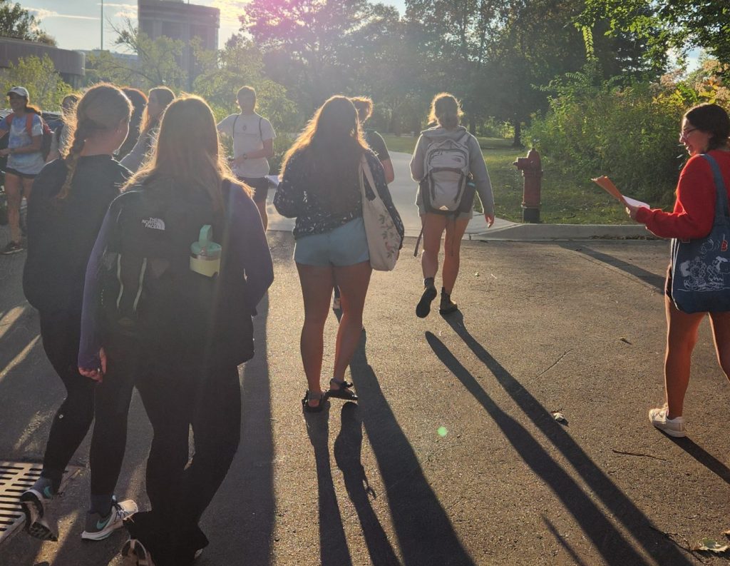 Students walk on a path, illuminated by the sunlight, casting on shadows