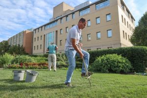 Two men collect soil samples on a lawn in front of a large building at UW–Madison, using tools and standing among flower beds on a sunny day