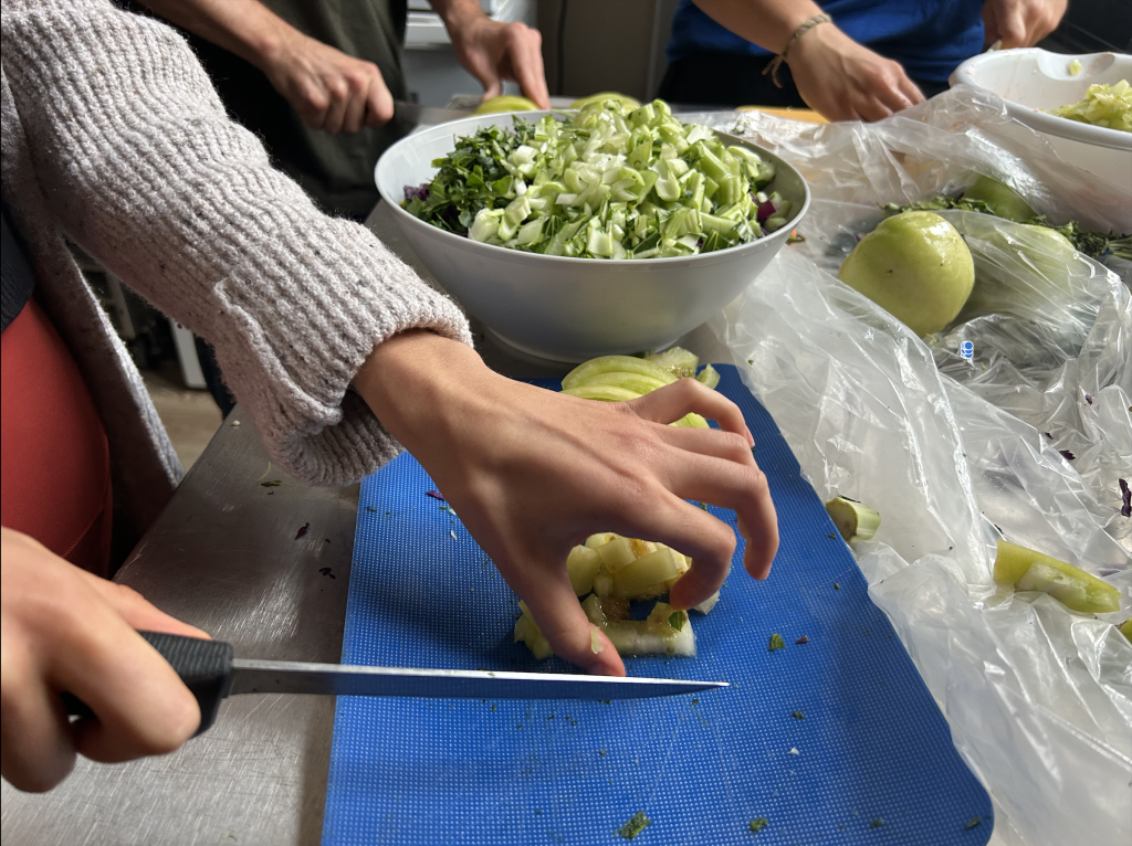 Person cuts apple with a bowl of salad in the background