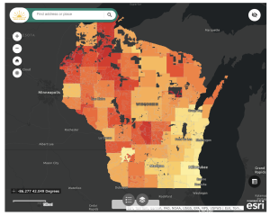 Red, orange, and yellow colored Map Evaluating Potential Net Benefits of Heat Pump Adoption in Wisconsin.