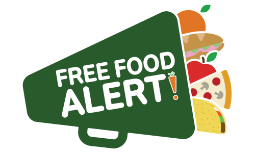 A green megaphone with food pouring out of it, with the text "Free Food Alert"