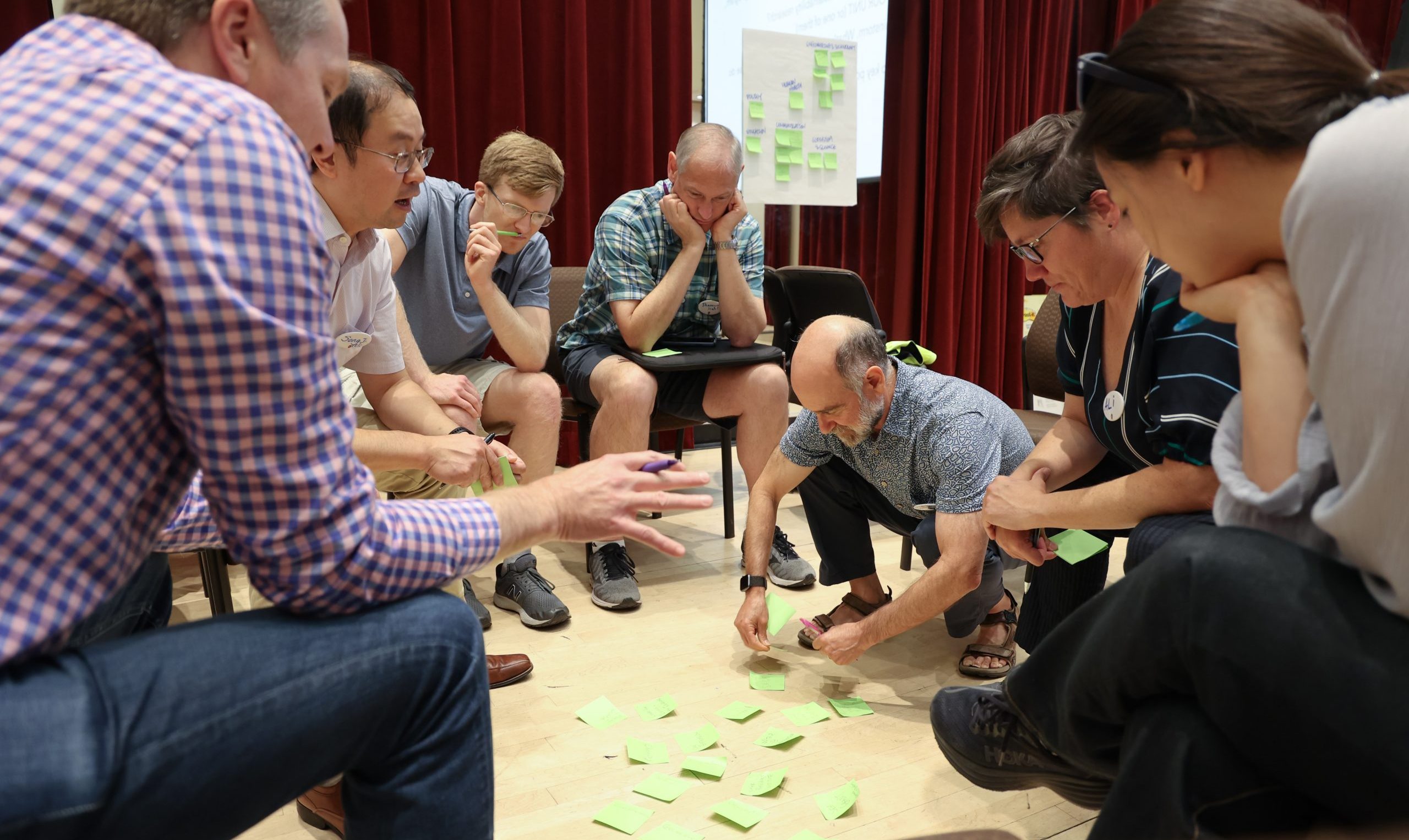 Researchers seated in small groups engage in discussion during a breakout session at the Sustainability Research Visioning Event, with notes, laptops, and collaborative materials on the tables.