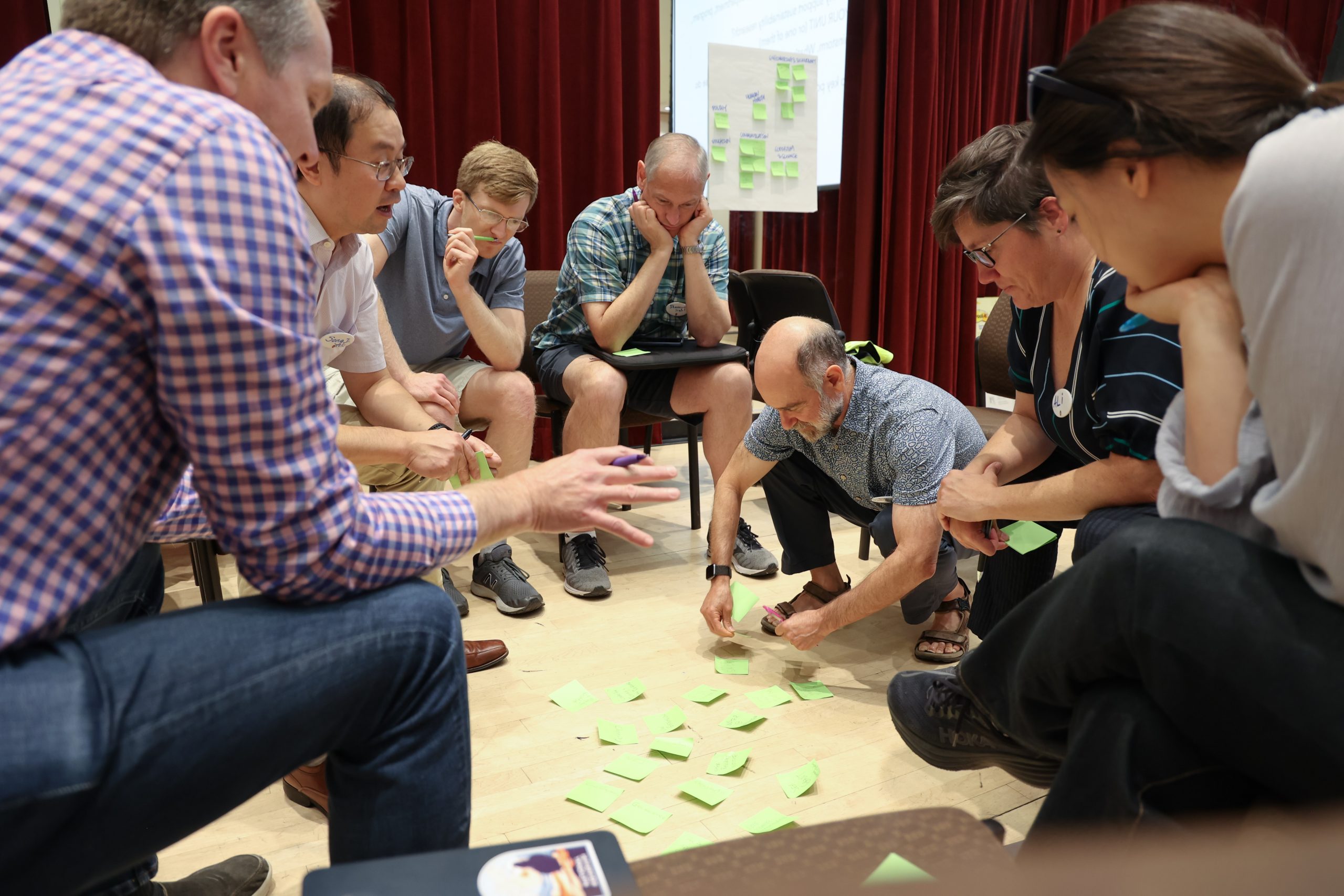 Researchers seated in small groups engage in discussion during a breakout session at the Sustainability Research Visioning Event, with notes, laptops, and collaborative materials on the tables.