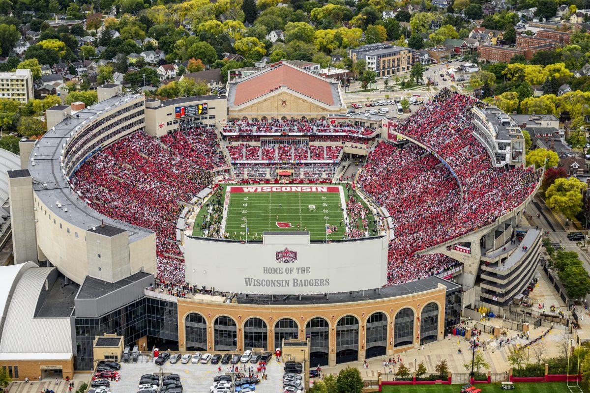 Aerial shot of Camp Randall Stadium on game day.