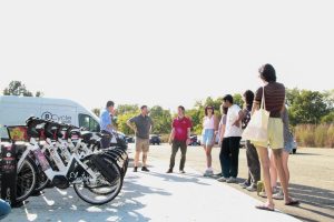 Attendees gathered around the new BCycle station.