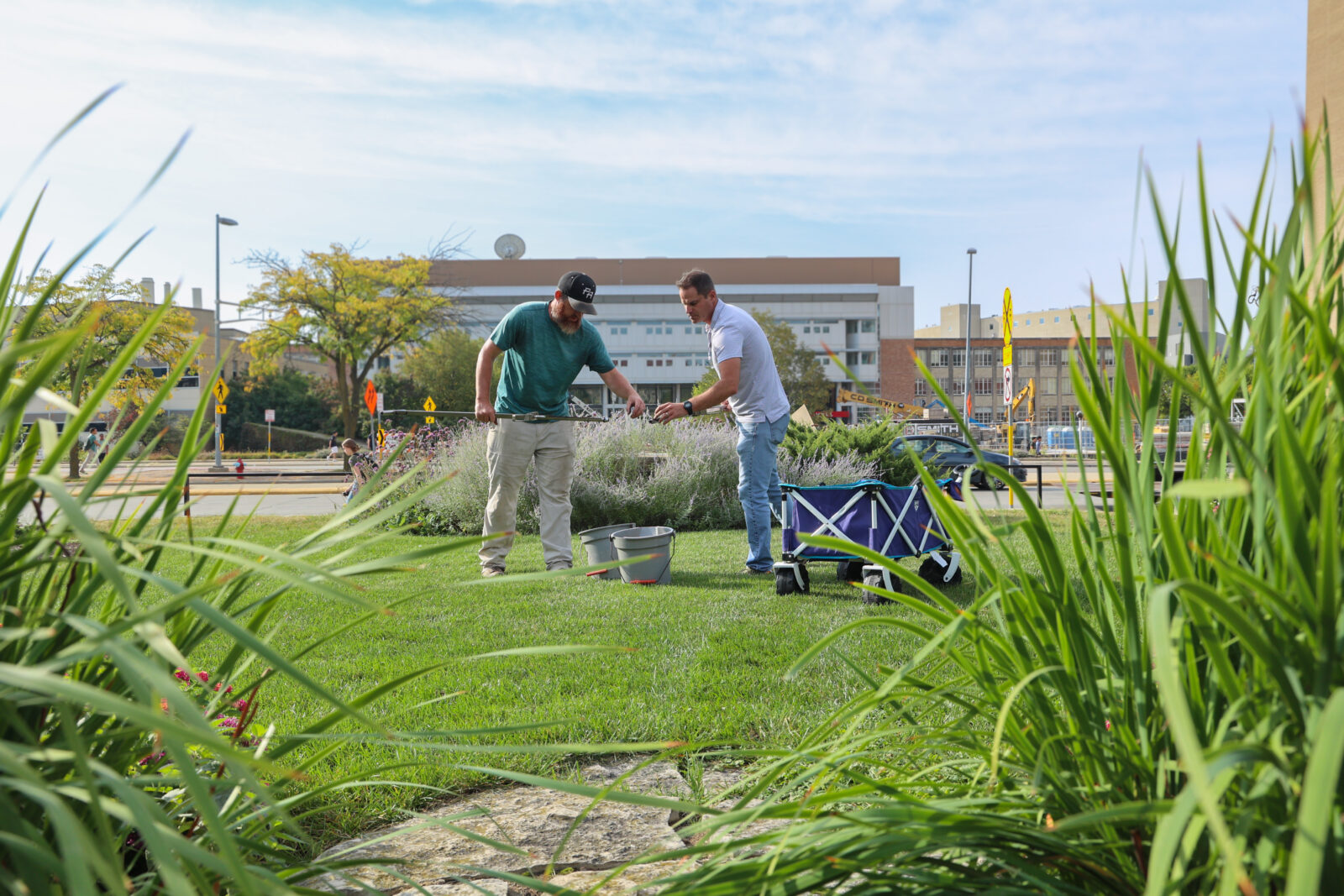 two men collect soil samples on green grass