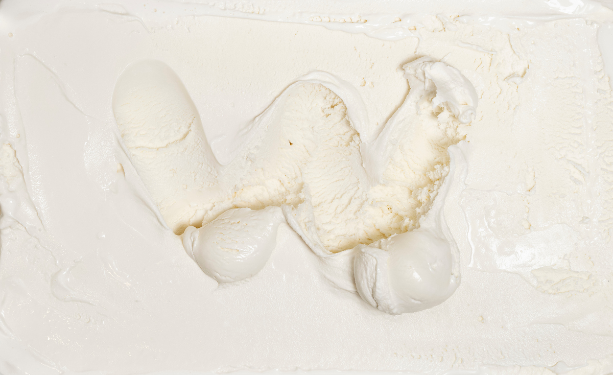 A closeup of vanilla ice cream scooped in the shape of a W